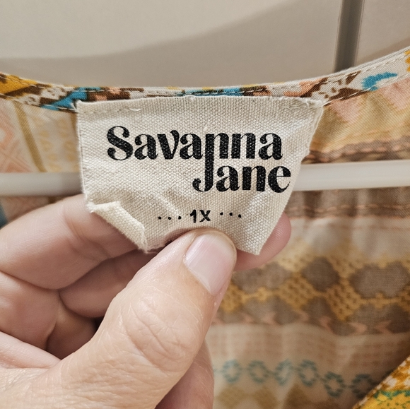 Savanna Jane Womans 1X Yellow Print Top - Picture 2 of 6